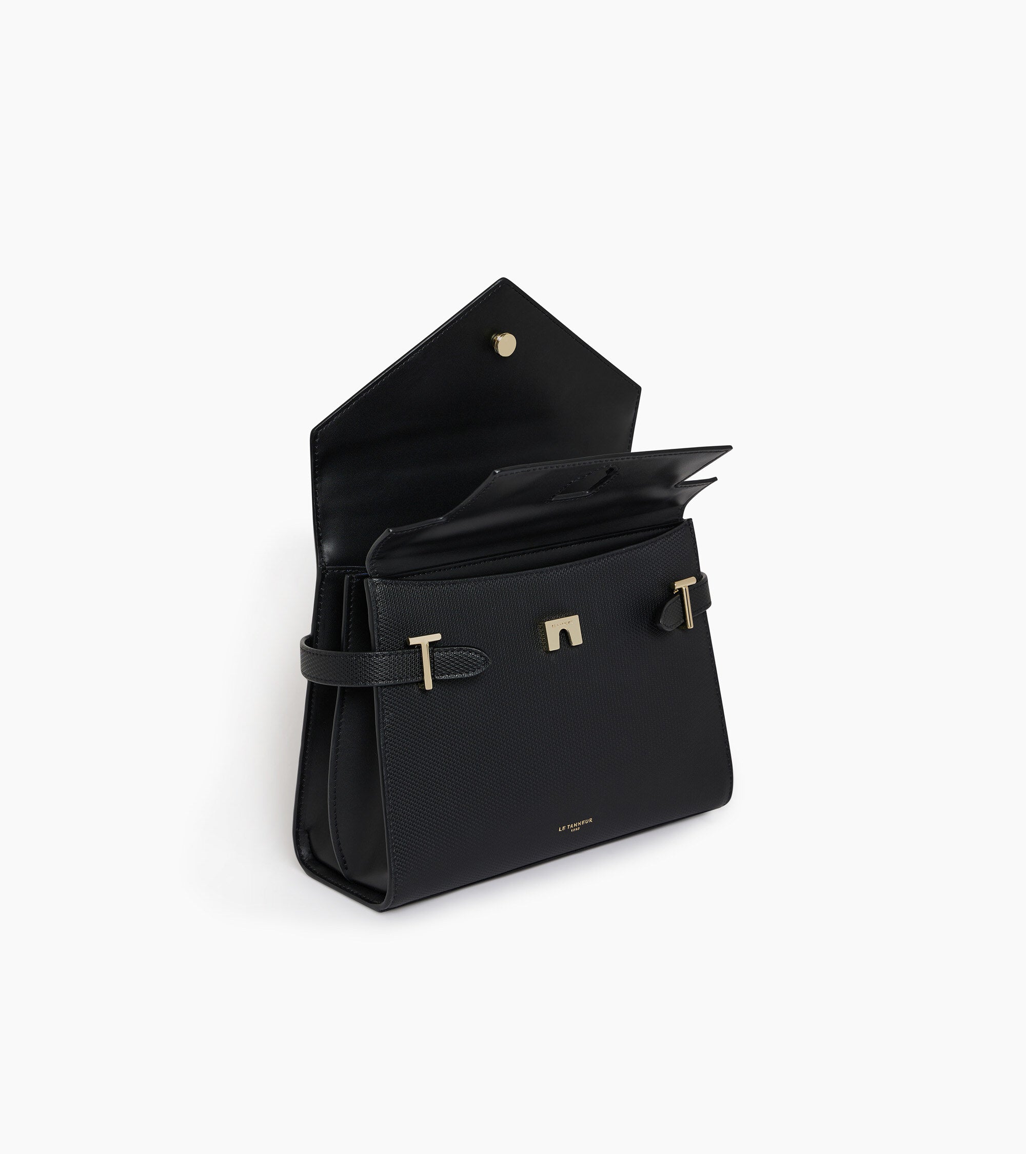 Mittelgroße Handtasche Emilie aus T-Signaturleder mit Doppelklappe schwarz