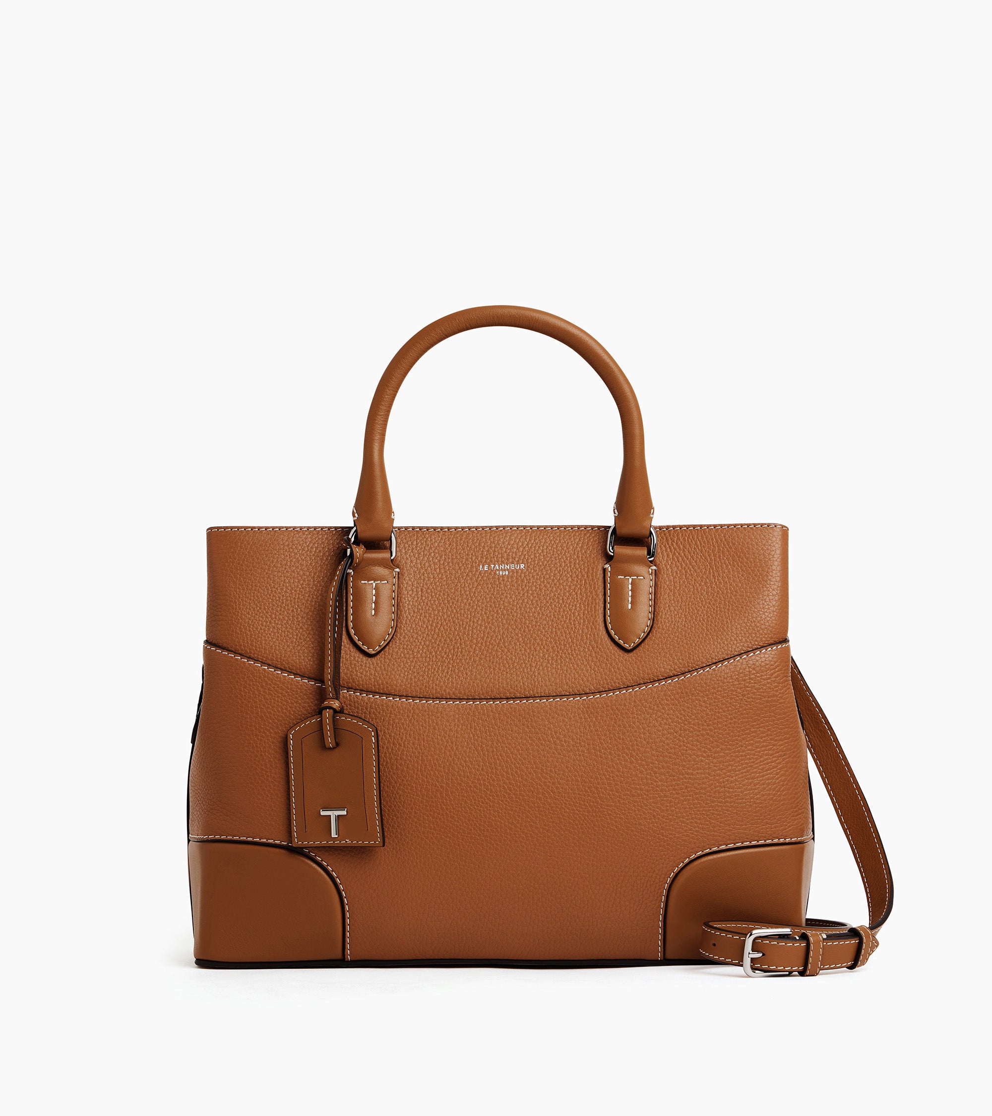 Große Handtasche Romy aus genarbtem Glattleder Tan